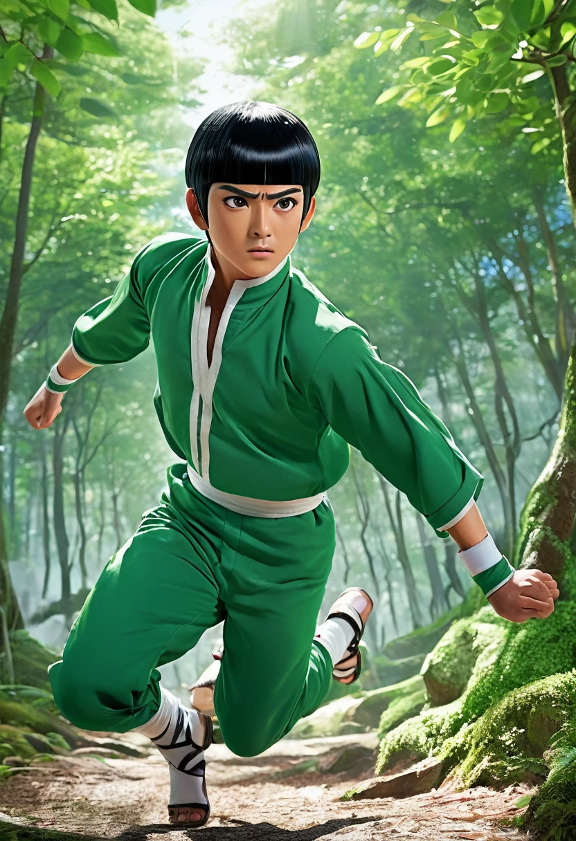 Rock Lee dressed in his traditional outfit, detailed facial features, expressive eyes and lips, determined and intense expression, short black hair, wearing his green jumpsuit with a high collar, white forehead protector worn as a headband, leg warmers, and sandals, dynamic action pose, running in a forest, leaping across tree branches, performing a high-kick or dynamic martial arts stance, energetic atmosphere, comic book style, cell shading effect, vibrant colors, contrasting green and white tones, dramatic lighting (best quality, highres), emphasis on shadows and highlights, crisp details and textures, HD rendering, perfectly rendered muscles and clothing, meticulously drawn facial expressions, special attention to his bushy eyebrows and the expression of his eyes, conveying his fierce dedication and physical prowess.