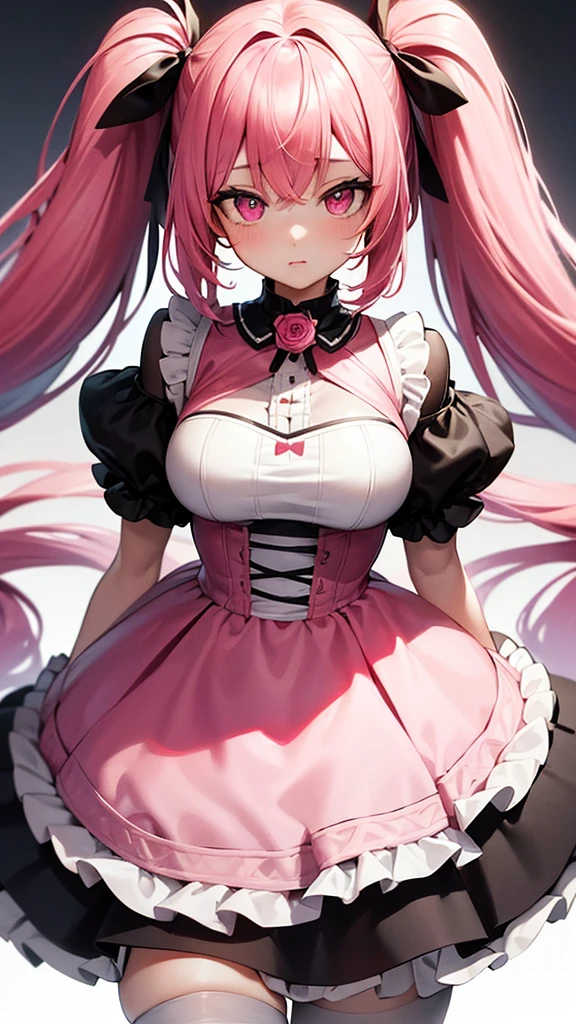(Highest quality,high resolution,Ultra-detailed,girl),black tights,Pink Hair,Height: 160cm,cute,Pink Eyes,Twin tails,Big Breasts,wearing wedding dress,Her eyes are white and shining,Has bright white eyes,Looking at me with a bright face,