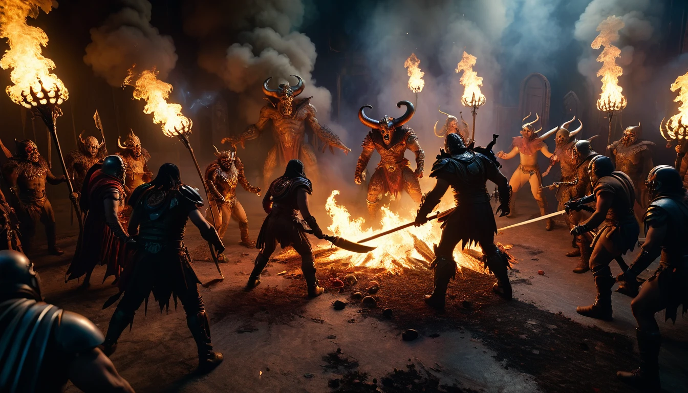(3D rendering:3.1) in (medium full shot:3.1) in (high-angle aerial view:3.1) of lot of characters from a movie for slave girls from beyond infinity, inspired by Clyde Caldwell and Greg Rutkowski art, barbarian warriors with sword in battles against space creatures, monsters, daemons, aliens, mutant, with explosions, smoke and fire, (with Creepy, Sci-Fi, Fantasy and Horror:2.9) retro sci fi, Horror movie, very detailed body, moody, epic, (intricate details: 2.4), ( hyperdetail: 3.1), (8k resolution: 3.1), (high detail: 4.1), lots of details, high quality, soft light (cinematic: 3.3), masterpiece, dramatic atmosphere, atmospheric perspective, (impactful art: 2.8), rich colors, 3D rendering