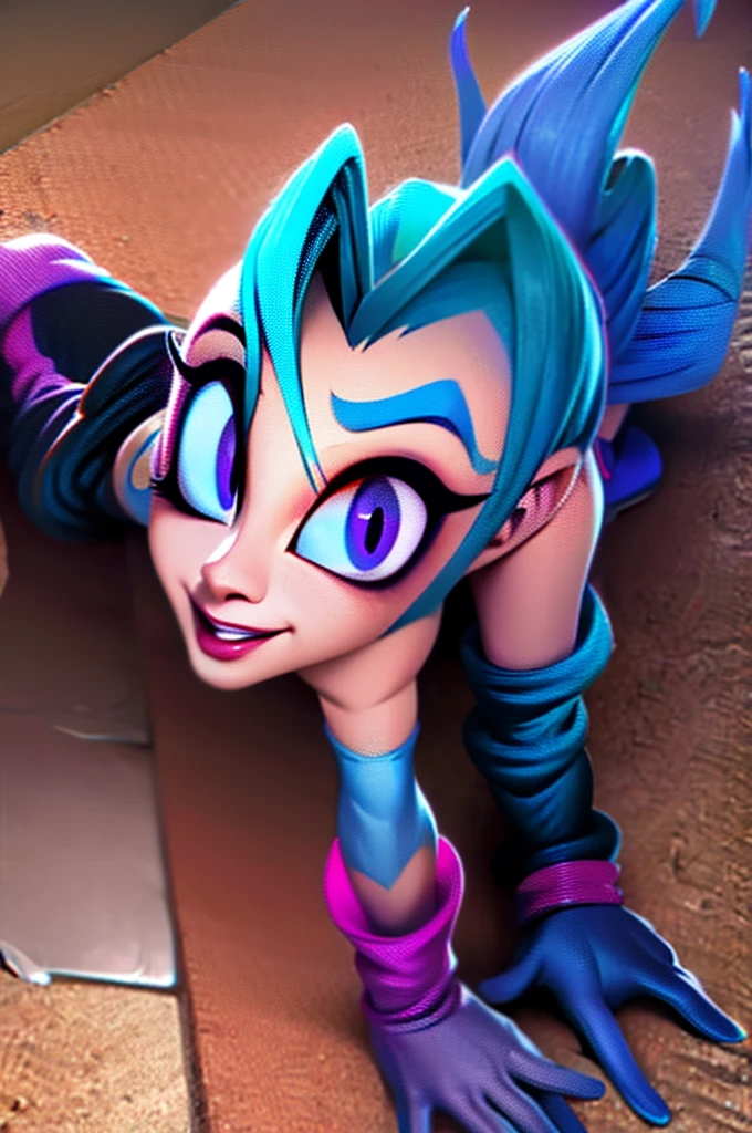 a image of anime artwork featuring a girl with blue hair laying down naked on the floor, 1girl, hetero, jinx (league of legends), breasts big, penis, vaginal, sex, nipples, tongue, 1boy, braid, tongue out, gloves, candle, uncensored, tattoo, long hair, navel, pussy, twin braids, nude, saliva, blue hair, small breasts, pink eyes, black gloves, teeth, elbow gloves, pregnent,