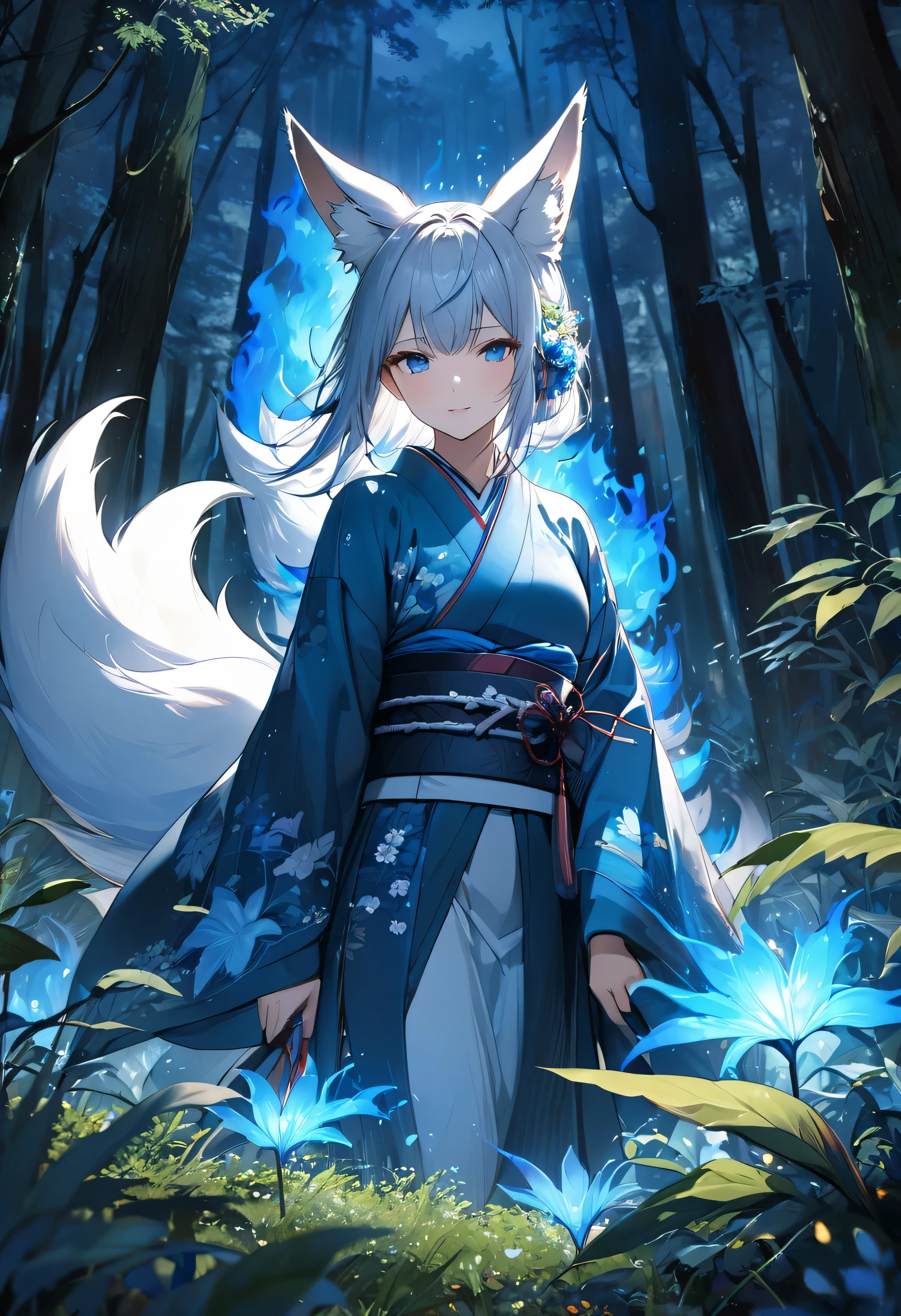 Masterpiece, Extremely detailed, beautiful, perfect face e, close distance shot, (A beautiful kitsune woman peering through the leaves in a dense forest) , {she is surrounded by motes of blue fire}, facing viewer, (dynamic pose) , fox ears, nine fox tails, traditional Japanese clothing. Japanese sandels, ((vegetation in the forground, dew, subject partially obscured by vegetation)) , ((moonlit night))