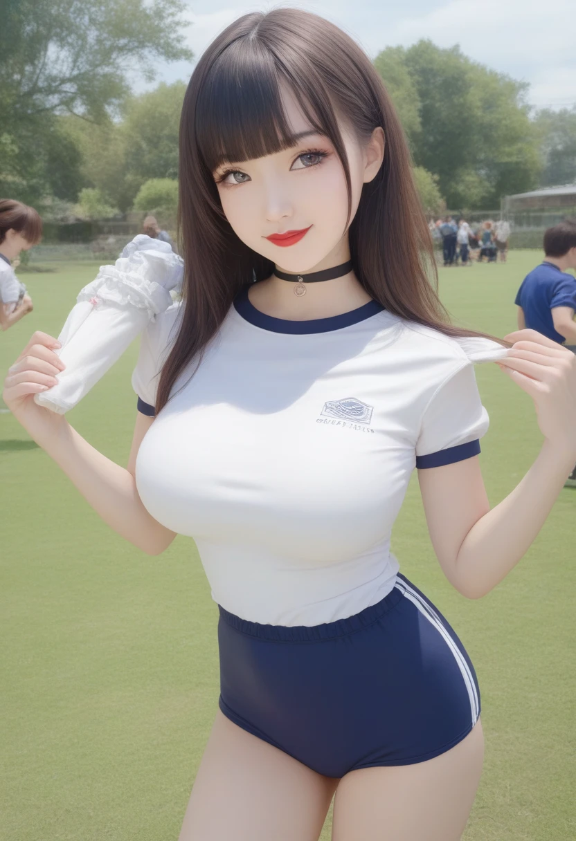 score_9, score_8up, Highest quality, masterpiece, Idol Group、((Layered Haircut)),（8k，Highest quality），Cowboy Shot，Shot from medium distances，student，tight white shirt、Gym suit, Bloomers, Adorable，smile, Brown Hair， 32K, Best image quality，Ultra-high resolution，Perfect hands，Black choker、bangs、Very profuse and very long eyelashes、uniform, grass、garden、Summer clothes、((Big Breasts))、((Slim face)), Healthy Thighs, Red lipstick