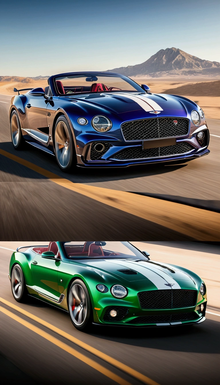 Create a hyperrealistic 4k photo of a luxury muscle car concept that seamlessly blends the design elements of the latest Bentley Continental GT Speed, designed by Robin Page, with the aggressive nature and accent cues of the Cadillac CT5-V Blackwing, and the classic beauty of the 1969 Shelby Cobra 427. The blueprint should include both the front and rear views, either angled out or drawn straight on, and feature the following key characteristics: Bentley Continental GT Speed Influences: Sleek, elegant body lines with smooth, flowing contours. Modern, sophisticated design accents. Signature Bentley grille and headlight design. Luxurious, high-end finish with premium materials. Cadillac CT6-V Blackwing Influences: Aggressive, bold body styling with sharp angles and muscular stance. Performance-oriented features such as larger air intakes, prominent rear diffusers, and sporty side skirts. Distinctive, assertive front fascia and lighting elements. High-performance wheels and brake calipers for a sporty look. 1969 Shelby Cobra 427 Influences: Classic, timeless design with iconic curves and proportions. Open-top roadster style with a low-slung, wide stance. Prominent hood scoop and side exhaust pipes. Vintage racing stripes and round tail lights for a retro touch. Additional Design Elements: Seamless integration of modern and classic styles. Emphasis on both luxury and performance, balancing comfort and aggression. High-quality rendering with realistic textures and lighting. Attention to detail in every aspect, from the interior finishes to the exterior paint. Unreal engine-generated quality and combination capabilities. SOLIDWORKS geometry. 4k resolution and definition. Concept car design. Keywords for Image Generation: Luxury sports car Sleek body lines Aggressive 