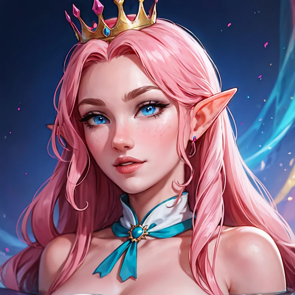Woman, long wavy hair, pink hair, blue eyes, elf, sexy, queen, crown, magical background,Wearing a dress , Close face