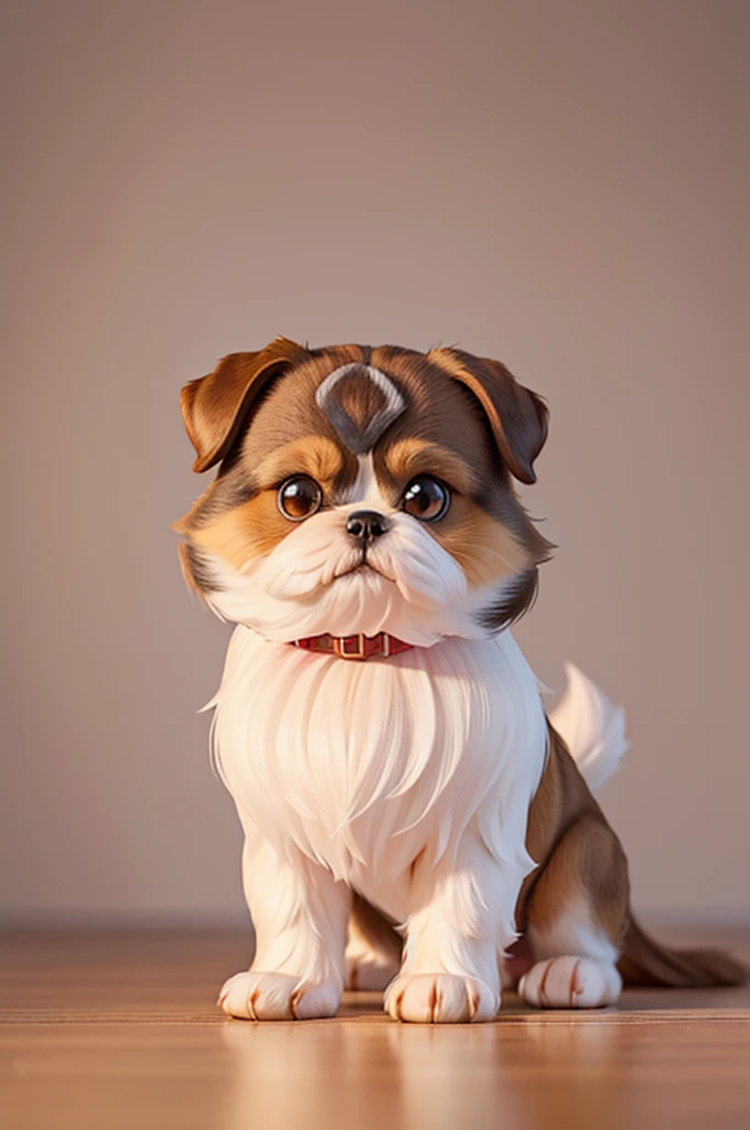 The dog is a Shih Tzu breed, with a soft coat.
His eyes are large and honey colored, and he has a small brown patch around his eyes and ears.