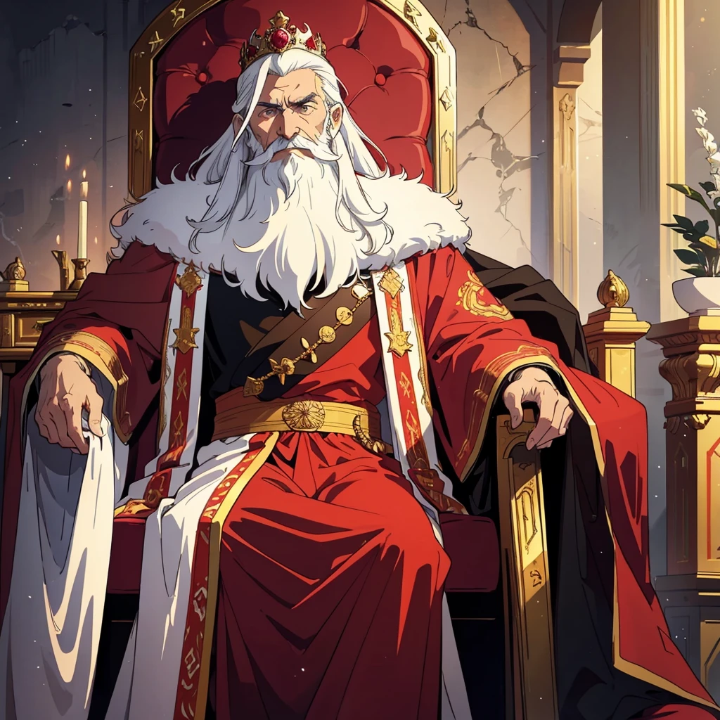 A 40 year old king, he is sitting on a throne in a red and white elegant castle, He has white hair and ruby eyes., He has a well-groomed beard and a wise, rugged face., He wears the clothes of a noble king with esoteric beliefs, black and white clothes and a red cape.
anime style illustration, HD, 4k , detailed and well done