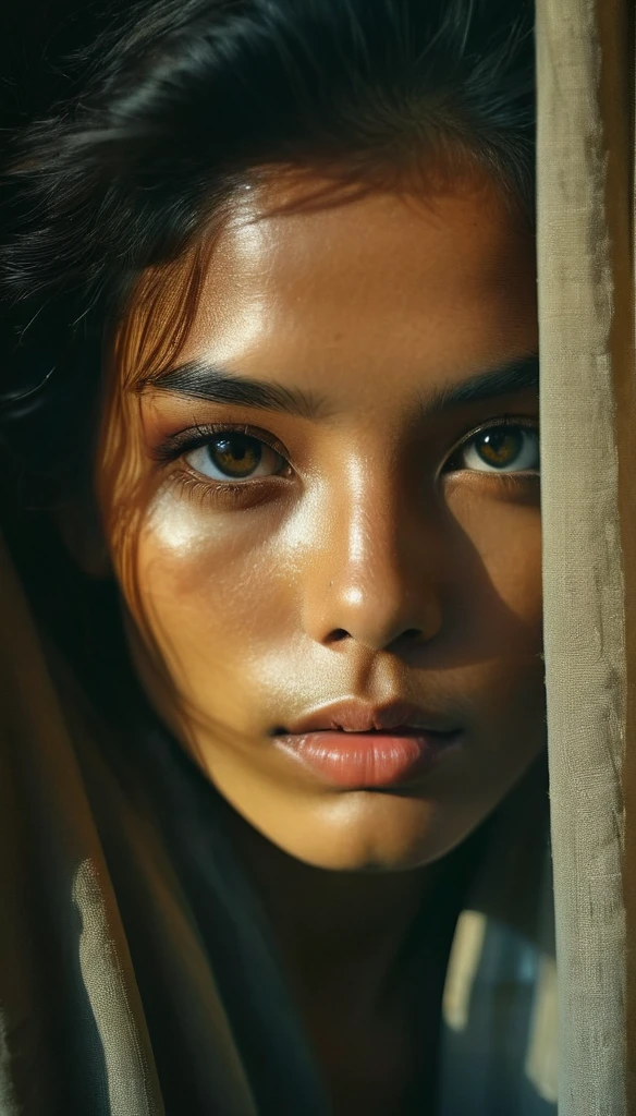 RAW photo, half body shot, filipino, beautiful eyes, masterpiece, peeking from behind curtains, colorful details, award winning, high detailed, 8k, natural lighting, analog film, detailed skin, amazing composition, intricate details, subsurface scattering, velus hairs, amazing textures, filmic, chiaroscuro, soft light