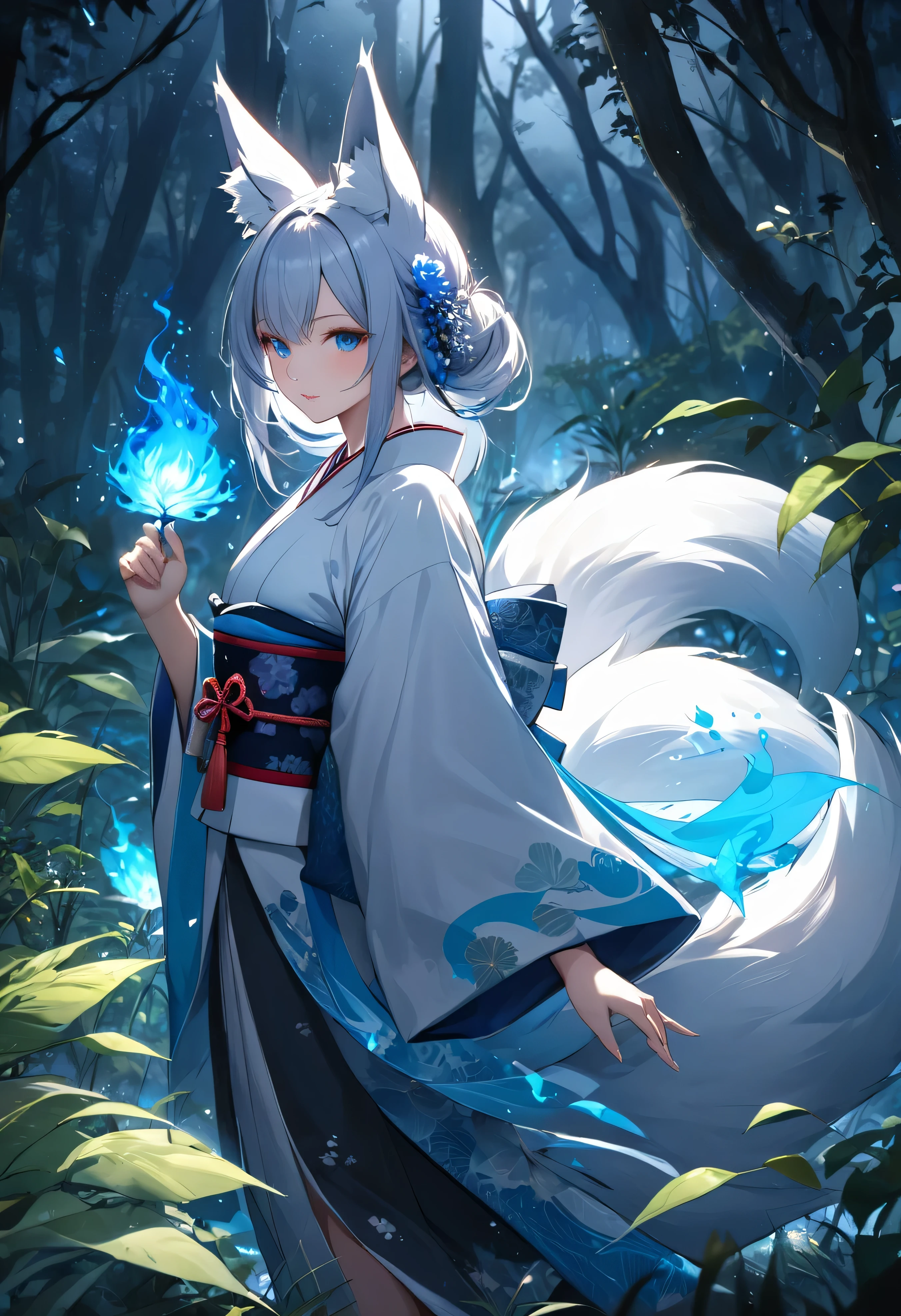 Masterpiece, Extremely detailed, beautiful, perfect face e, close distance shot, (A beautiful kitsune woman peering through the leaves in a dense forest) , {she is surrounded by motes of blue fire}, facing viewer, (dynamic pose) , fox ears, nine fox tails, traditional Japanese clothing. Japanese sandels, ((vegetation in the forground, dew, subject partially obscured by vegetation)) , ((moonlit night)) 