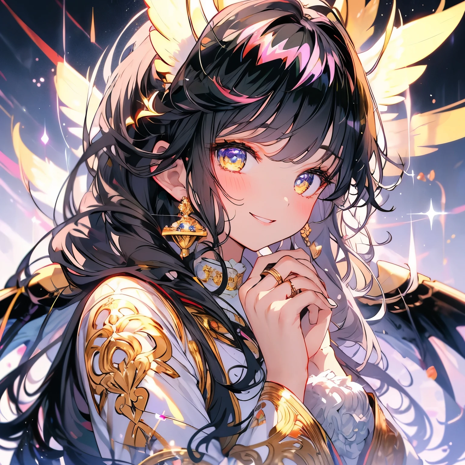 Masterpiece,Black Hair、アマテラス、Detail eyes、smile,(((White wing)))、Gold eyes,ring on head,wearing european antique clothes,Upper Body、Gold clothes, Golden background