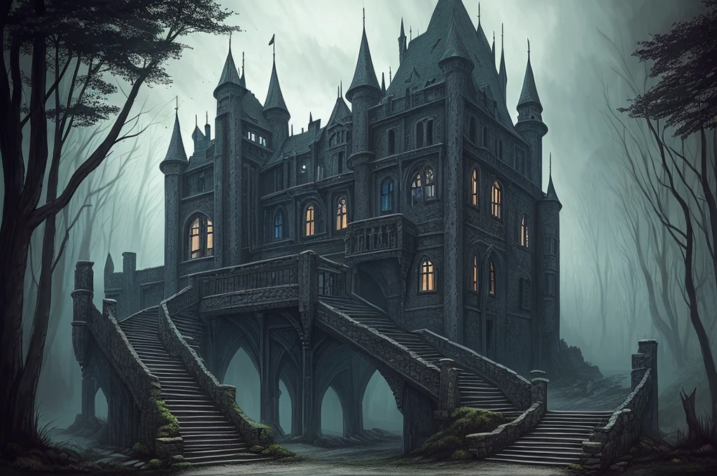 arafed image of a stairway leading to a castle in a dark forest, an ominous fantasy illustration, dark fantasy environment, dark fantasy landscape, dark fantasy background, dark fantasy atmosphere, scary magical background, dark ruins landscape, dark castle background, dark fantasy illustration, dark fantasy artwork, dark fantasy setting, medieval dark fantasy, dark fantasy style art, grimdark matte fantasy painting