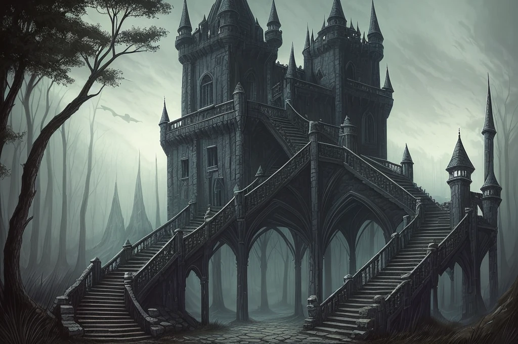 arafed image of a stairway leading to a castle in a dark forest, an ominous fantasy illustration, dark fantasy environment, dark fantasy landscape, dark fantasy background, dark fantasy atmosphere, scary magical background, dark ruins landscape, dark castle background, dark fantasy illustration, dark fantasy artwork, dark fantasy setting, medieval dark fantasy, dark fantasy style art, grimdark matte fantasy painting