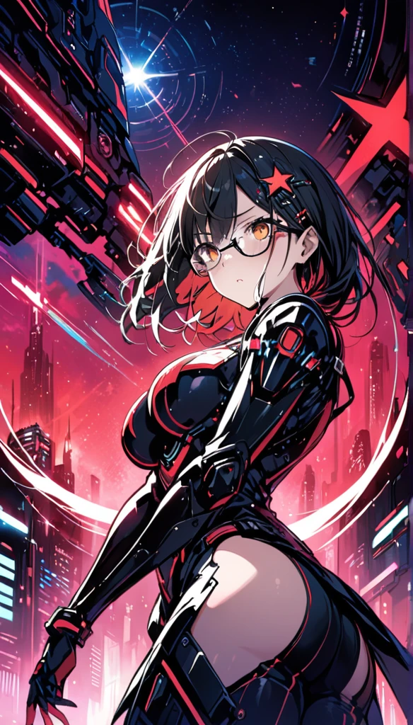 highest quality ,masterpiece, shape, Very delicate and beautiful, Very detailed ,CG ,Unity ,8k wallpaper, wonderful, finely, masterpiece,highest quality,Official Art,Very detailed CG Unity 8k wallpaper,Confused, incredibly Confused, Very detailed, High resolution, Very detailed,Beautiful detailed girl,The light shines on your face, 1 girl, red and black Mecha, armor black, Mechanical_body, Black Hair, Spaceship, city, cyber punk, red star, serious eyes, big tits, glasses, ass