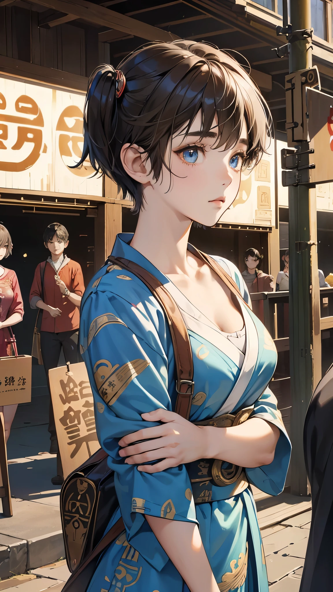 (perfect anatomy:1.2)(absurdres, highres, ultra detailed),masterpiece,best quality,high resolution,8k,Realistic face,Realistic skin texture,magnified textures, stunning clarity,detailed anime girl,(ultra detailed eyes and face),(14 years old:1.2),(baby face:1.2),japanese girl,floral printed blue yukata,、(very short hair:1.5)(two side up:1.6)、tareme,light brown hair:1.2,kanzashi、glamor、short stature、(bust up:1.4),Steampunk in the Edo Period、(Vivid hieroglyph signs and street advertisements:1.2)、,autumn、hieroglyph,souk、Shopping Street、Ancient Egyptian statues,reaching out,(tanned skin:1.3 ),big breasts,look up viewer,round face,Shoulder Bare,(from front:1.2),cleavage cutout,(Despairing:1.5)