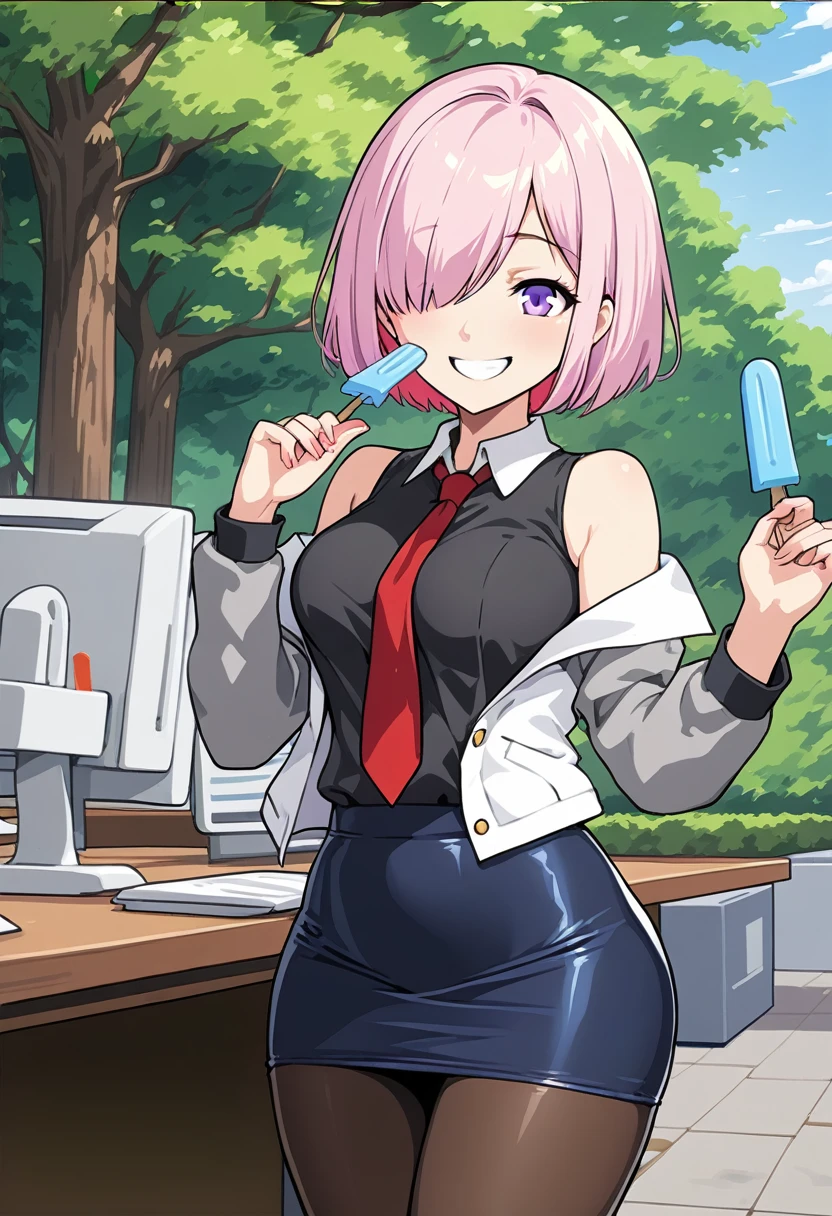 1 woman, Short hair, pink hair, purple eyes, hair above one eye, black shirt, white collar, red tie, Two-tone jacket, white jacket, gray sleeves, long sleeves, skirt, pantyhose, outdoors, seat, park, off shoulder, bare shoulders, popsicle score_9, score_8_consolation, score_7_consolation, score_6_consolation, score_5_consolation, score_4_consolation, BREAK Source_japanese cartoon movies, ((masterpiece,꽉끼는 skirt)), A beautiful smile, office job,((tight skirt)),