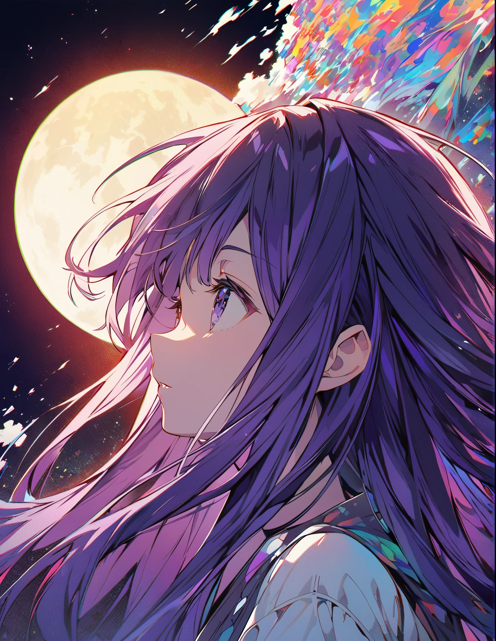 Profile of a brave purple-haired long-haired girl, side boob exposed Screentone processing Looking up at the moon Shaded painting style Abstract Painting Colorful Processing