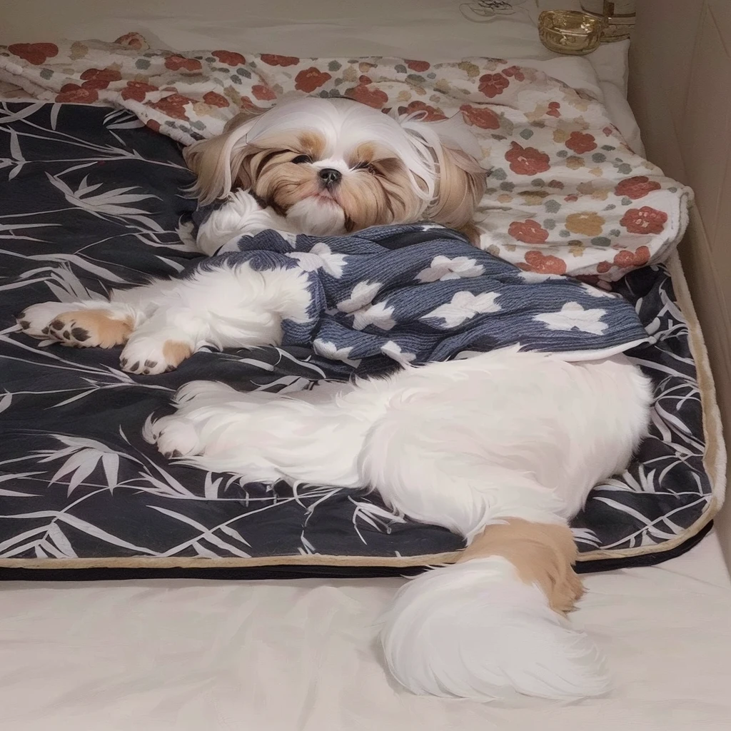 there is a little dog lying in a dog bed, wearing pajamas, shih tzu, he is very relaxed, wearing loose pajamas, lying on a fuzzy blanket, how they are, wearing a chic jacket, covered with blanket, a gorgeous, lying in the bed, miko, sitting on her bed, doing a sassy pose