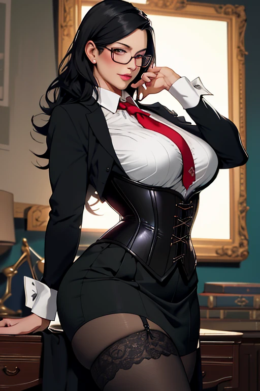 (best quality, highres:1.2), 1 woman, mature adult, age: 35, beautiful women, tall women, slim body, big breasts, brown eyes - beautiful brown eyes, short hair - office hair cut, black mini rock dress, red shirt, vl jacket, fishnets, glasses, strict gaze, serious expression, antique office background, bookshelves filled with classic books, clipboard in hands, masterpiece, studio lighting, sharp focus, physically-based rendering, extreme detail description, portraits, brown leather shoes, high heels, standing confidently, leaning against the desk, legs crossed, serious demeanor, dark blue hair, minimal makeup, smoky eyes, full