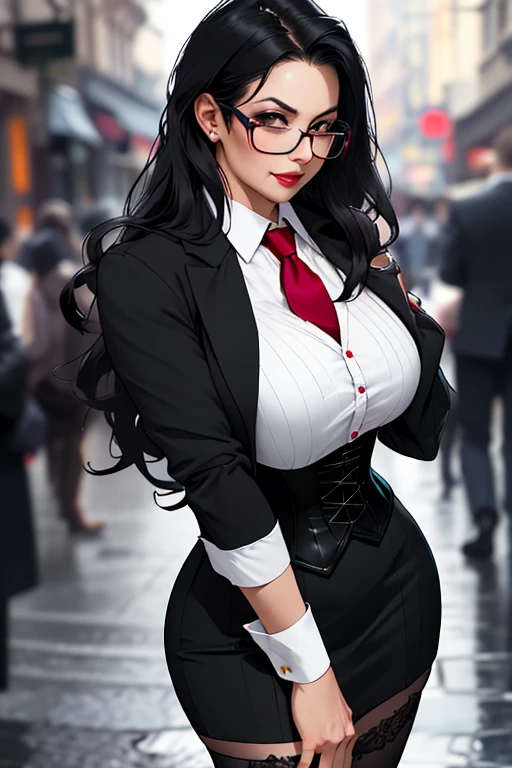 Best quality, masterpiece, slutty secretary, wearing glasses, big tight, breast, wearing corset and stocking, ultra high res,detailed background,realistic,hadesstyle,solo,woman,mature,bara,mature,breast, female, long black hair, \(theme\),dark fantasy,evil,depth of field