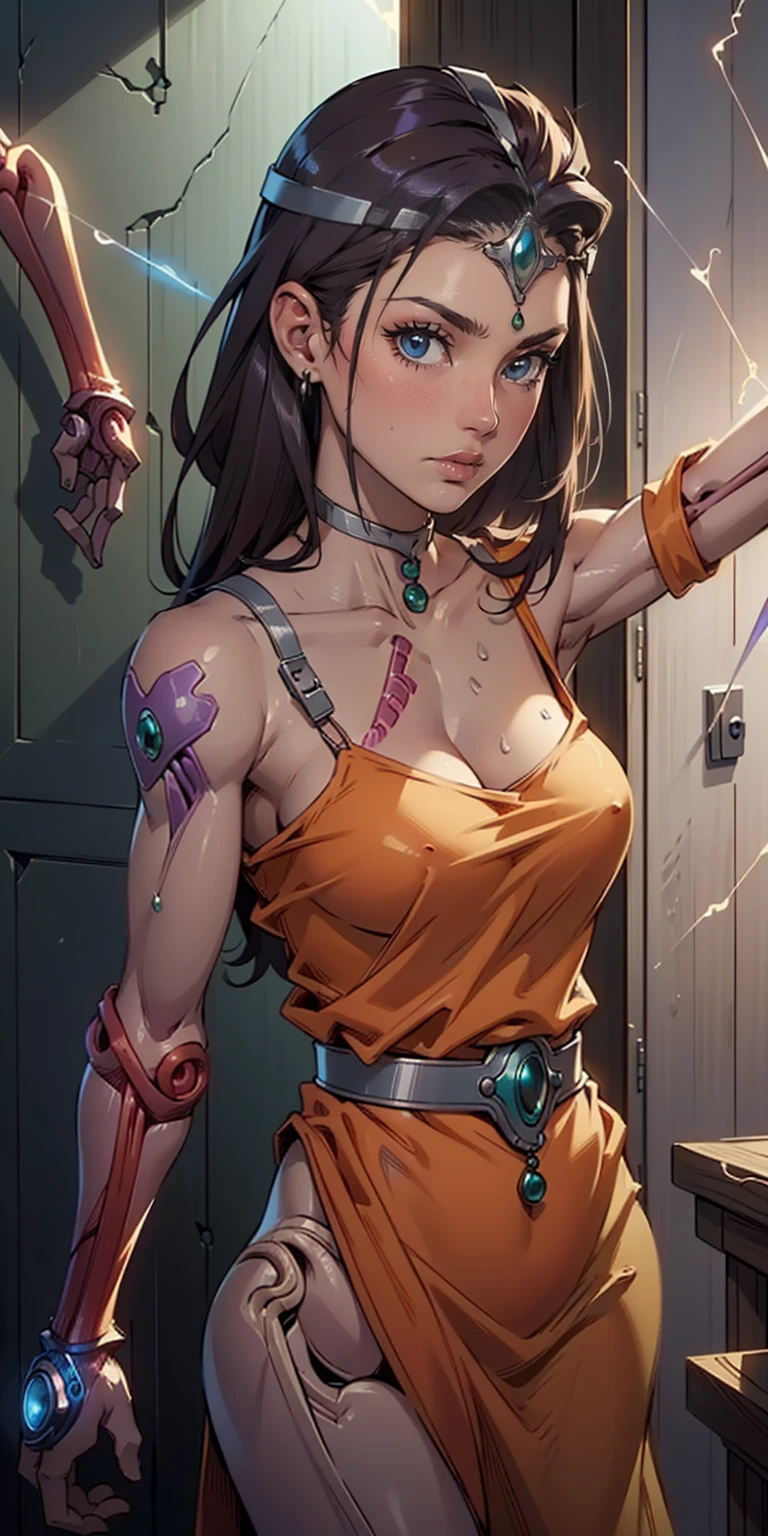 Hyper realistic super detailed sexy Minea & Manya (Dragon Quest IV), Very detailed, expressions faciales sexy, seductive facial expressions, [:(Face detail: 1.4): 0.4], 16K resolution, 4k resolution, dinamic lighting, High definition resolution, (hyper realistic: 1.4),(contrasting background: 1.5), (Anatomy of the hyperrealistic arm), (Hyperrealistic anatomy of the legs), (peau propre), (lighting cinematic: 1.7), (intime), (Technologie NVIDIA RTX Ray Tracing), (Anatomy of the hyperrealistic arm: 2), (Ventre plat parfait), (image couleur), Minea & Manya (Dragon Quest IV)  ,breasts, cleavage, blush, medium breasts, pov doorway, door, doorway, bangs, looking at viewer, collarbone, phone, solo focus, indoors, sweat, pov, no bra, cellphone, Minea & Manya (Dragon Quest IV), circlet, choker, orange dress, large breasts, upper body, upper body, looking at viewer