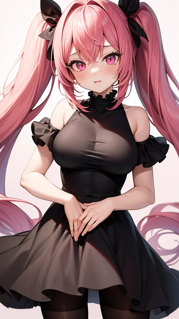 (Highest quality,high resolution,Ultra-detailed,girl),black tights,Pink Hair,Height: 160cm,cute,Pink Eyes,Twin tails,Big Breasts,I&#39;m wearing a wedding dress for my wedding,Her eyes are white and shining,Has bright white eyes,Looking at me with a bright face,