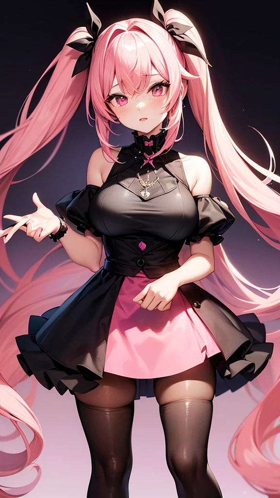 (Highest quality,high resolution,Ultra-detailed,girl),black tights,Pink Hair,Height: 160cm,cute,Pink Eyes,Twin tails,Big Breasts,I'm wearing a wedding dress for my wedding,Her eyes are white and shining,Has bright white eyes,Looking at me with a bright face,