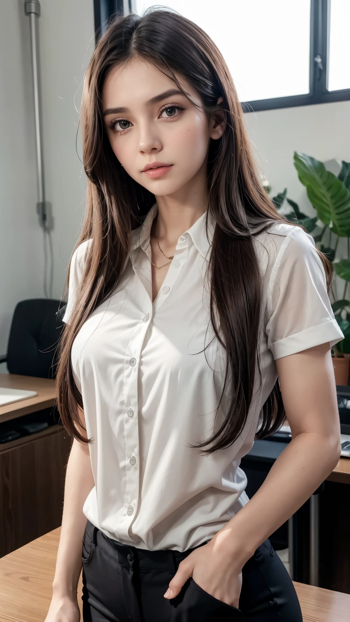 Create a woman named Júlia, brunette with long hair, defined muscles, in black pants with the name panther calisthenics on the front of the blouse, High quality realistic image very realistic face ,in not very muscular clothes and muscles,( num escritório com computador 💻 no colo , attending)(Brazilian woman personality.)