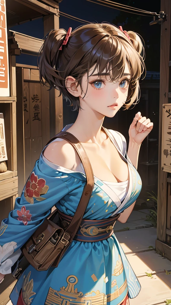 (perfect anatomy:1.2)(absurdres, highres, ultra detailed),masterpiece,best quality,high resolution,8k,Realistic face,Realistic skin texture,magnified textures, stunning clarity,detailed anime girl,(ultra detailed eyes and face),(14 years old:1.2),(baby face:1.2),japanese girl,floral printed blue yukata,、(very short hair:1.5)(two side up:1.6)、tareme,light brown hair:1.2,kanzashi、glamor、short stature、(bust up:1.4),Steampunk in the Edo Period、(Vivid hieroglyph signs and street advertisements:1.2)、,autumn、hieroglyph,souk、Shopping Street、Ancient Egyptian statues,reaching out,(tanned skin:1.3 ),big breasts,look up viewer,round face,Shoulder Bare,(from front:1.2),cleavage cutout,(Despairing:1.5)
