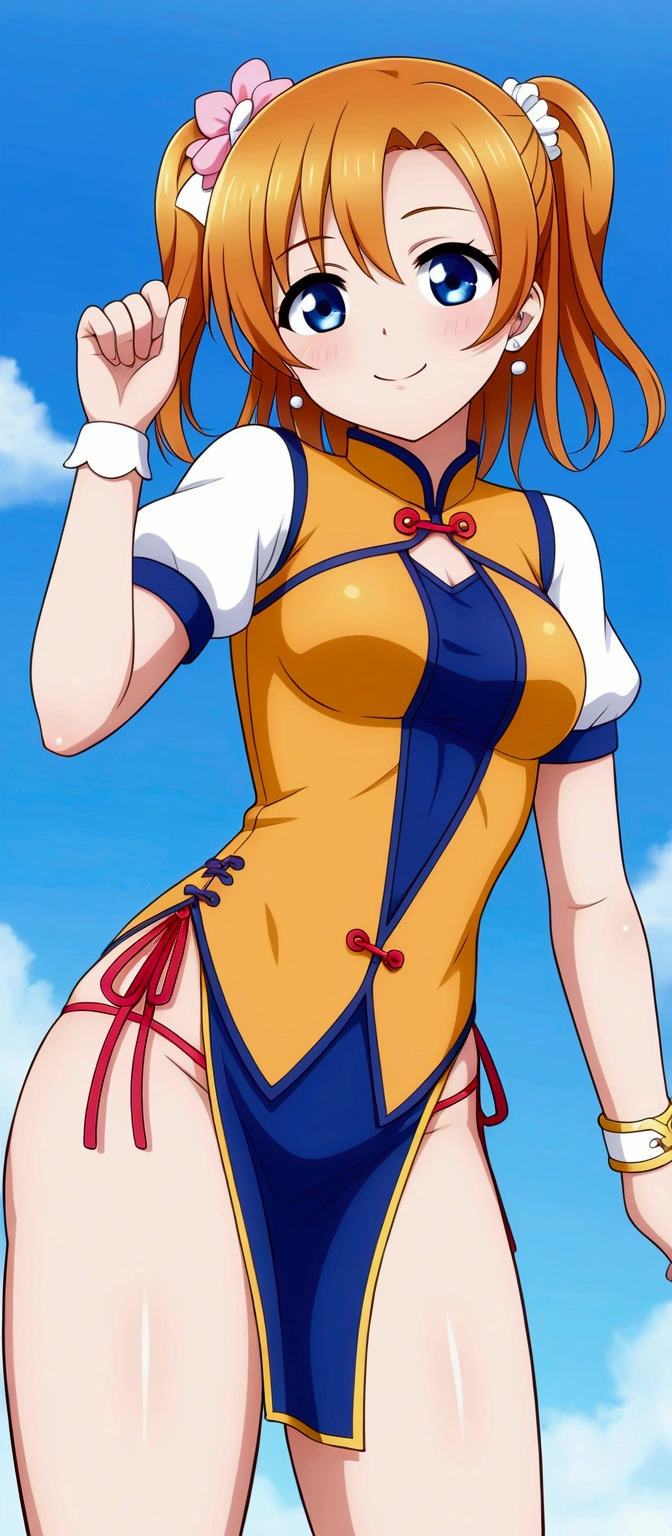 (Masterpiece, Best Quality, High Quality), professional artwork, well drawn, Intricate Details,solo,
Kousaka honoka, blue eyes, orange hair, pink Chinese dress,short sleeves,side slits, thighs ,one wrist brace