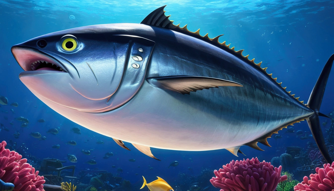Huge tuna, pixar cartoon style,masterpiece, best quality