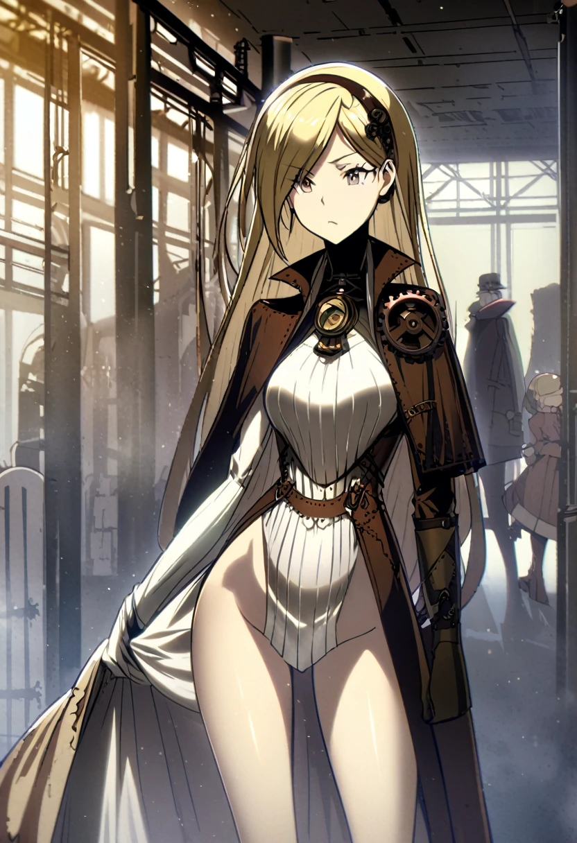 A adult mother of a family A mother of a family Victorian steampunk automaton naked tall blonde-haired and curvaceous lovely Mother standing at attention shutdown waiting with straight body and expressionless face in a warehouse of steampunk london in the dark at night, animeVictorian steampunk automaton winter-robed tall blonde-haired and curvaceous lovely Mother standing at waiting in a warehouse of steampunk wintering london, anime