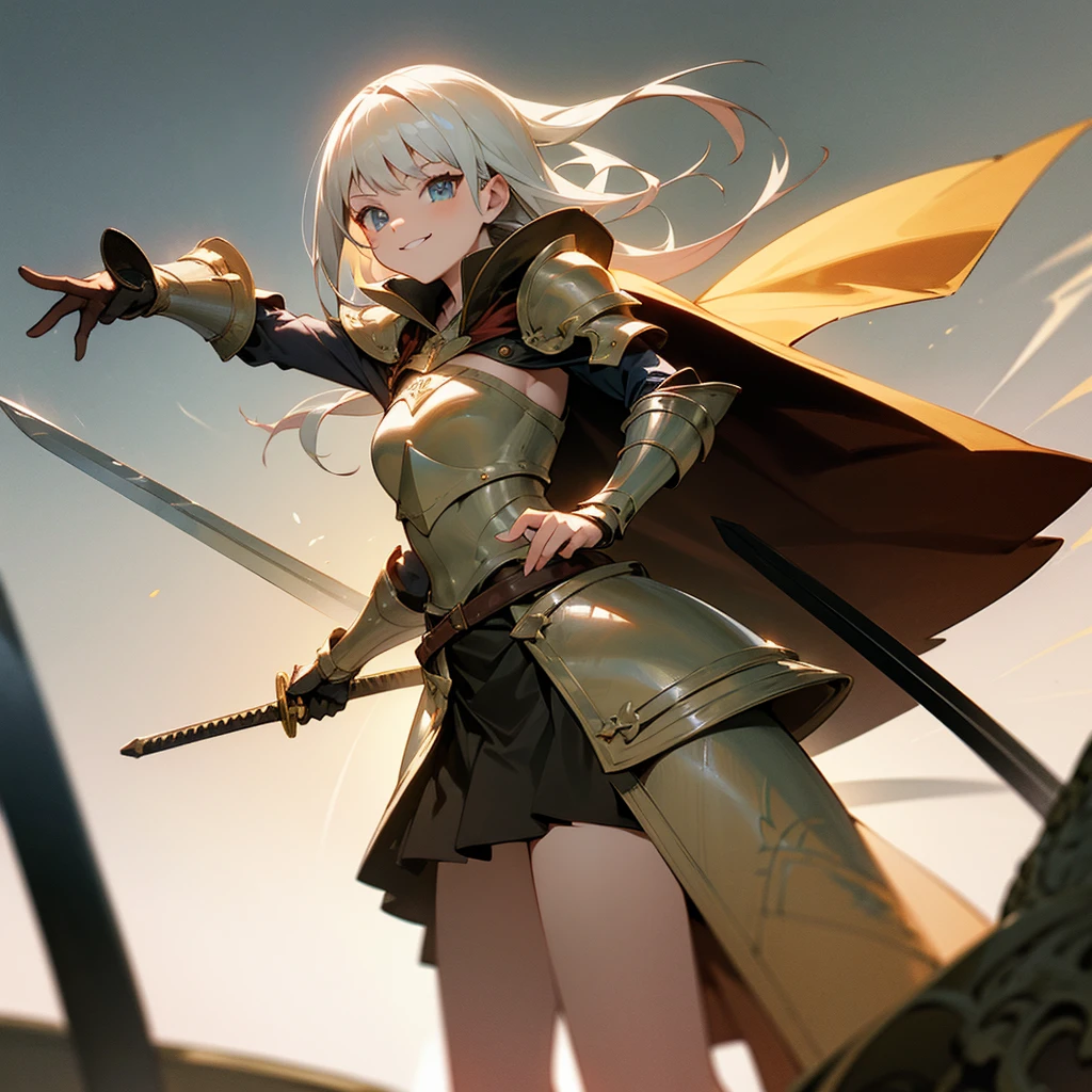 high resolution、Cool Armor、sword、shield、Female warrior in cape。He has a fearless smile。
Sharp Eyes。Standing bravely。Seven Coloredieval European fantasy。
Fighting bravely！