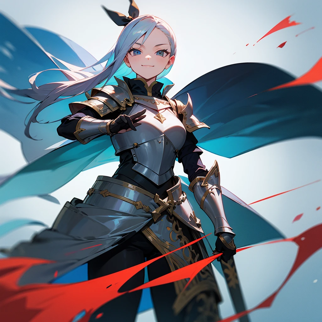 high resolution、Cool Armor、sword、shield、Female warrior in cape。He has a fearless smile。
Sharp Eyes。Standing bravely。Seven Coloredieval European fantasy。
Fighting bravely!