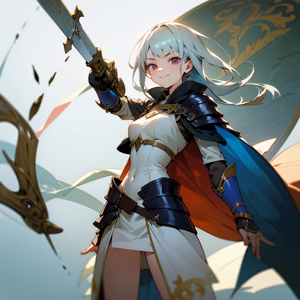 high resolution、Cool Armor、sword、shield、Female warrior in cape。He has a fearless smile。
Sharp Eyes。Standing bravely。Seven Coloredieval European fantasy。
Fighting bravely!