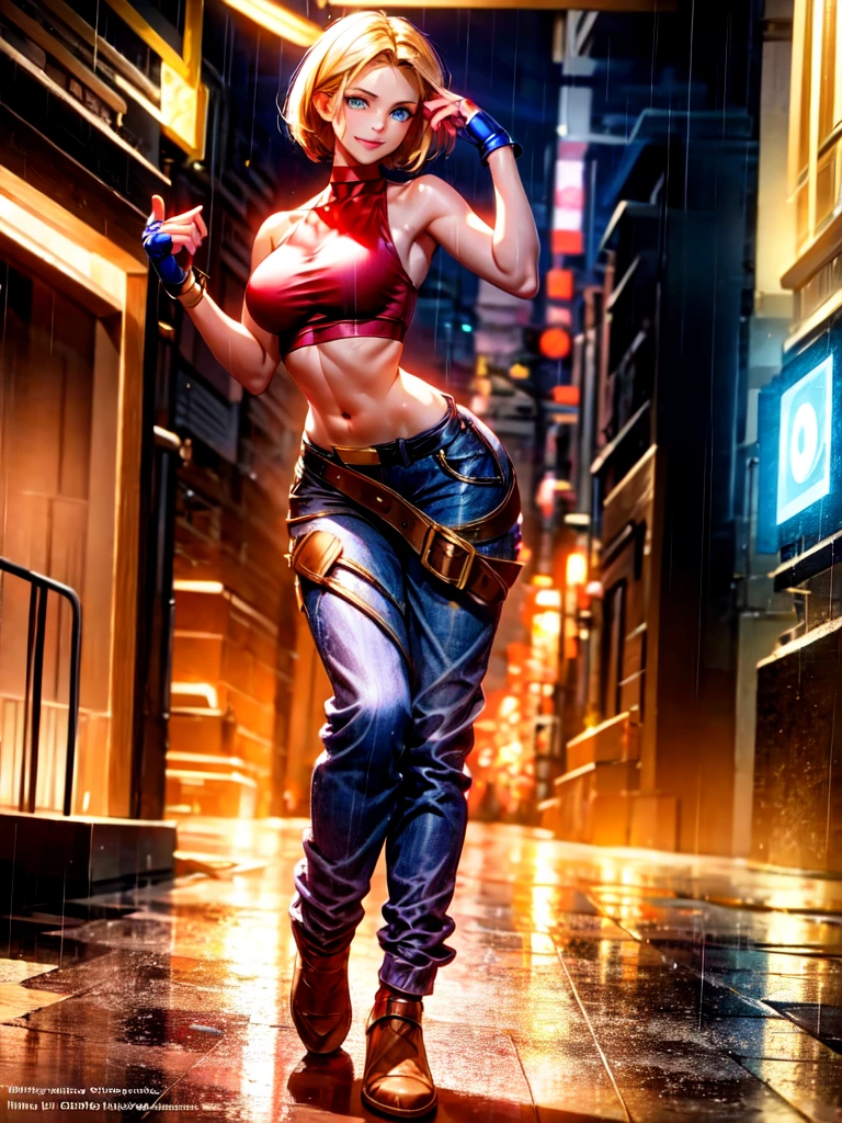 (at night), in a video game scene, a background of a beautiful city at night raining, standing at attention, red top, blue joggers, blue fingerless gloves, large brown belt hanging from her waist ((blonde hair )), 1 girl, alone, 20 years old, young woman, perfect hands, beautiful fingers, beautiful long legs, beautiful body, beautiful nose, beautiful character design, perfect face, looking at the viewer with serious gesture (focusing on her face) , closed mouth, Light_Smile, official art, extremely detailed CG unity 8k wallpaper, perfect lighting, bright and colorful front lighting, glowing skin (masterpiece: 1.0), (best_quality: 1.0), ultra high resolution, 4K, ultra photography detailed, 8K, HDR, high resolution, absurd:1.2, Kodak portra 400, film grain, blurred background, bokeh:1.2, lens flare, (vibrant_color:1.2), professional photography, (Beautiful, breasts: 1.4), ( beautiful_face: 1.5), (narrow waist),
