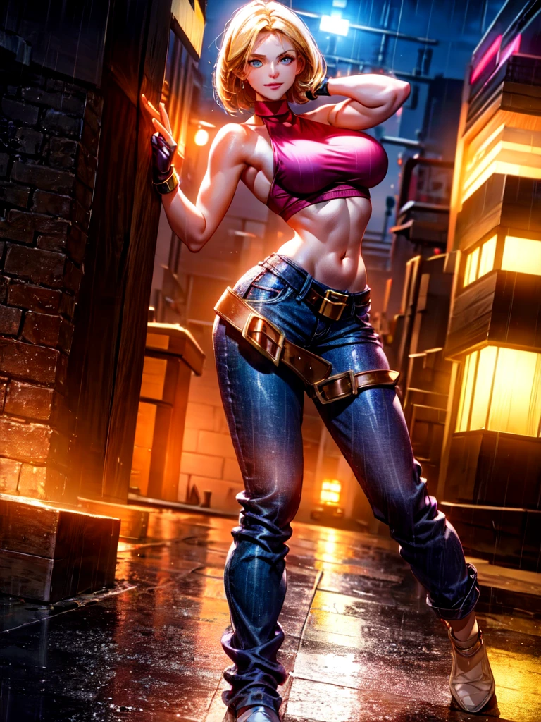 (at night), in a video game scene, a background of a beautiful city at night raining, standing at attention, red top, blue joggers, blue fingerless gloves, large brown belt hanging from her waist ((blonde hair )), 1 girl, alone, 20 years old, young woman, perfect hands, beautiful fingers, beautiful long legs, beautiful body, beautiful nose, beautiful character design, perfect face, looking at the viewer with serious gesture (focusing on her face) , closed mouth, Light_Smile, official art, extremely detailed CG unity 8k wallpaper, perfect lighting, bright and colorful front lighting, glowing skin (masterpiece: 1.0), (best_quality: 1.0), ultra high resolution, 4K, ultra photography detailed, 8K, HDR, high resolution, absurd:1.2, Kodak portra 400, film grain, blurred background, bokeh:1.2, lens flare, (vibrant_color:1.2), professional photography, (Beautiful, breasts: 1.4), ( beautiful_face: 1.5), (narrow waist),
