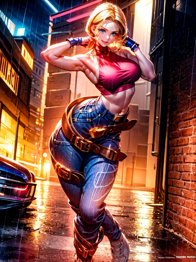 (at night), in a video game scene, a background of a beautiful city at night raining, standing at attention, red top, blue joggers, blue fingerless gloves, large brown belt hanging from her waist ((blonde hair )), 1 girl, alone, 20 years old, young woman, perfect hands, beautiful fingers, beautiful long legs, beautiful body, beautiful nose, beautiful character design, perfect face, looking at the viewer with serious gesture (focusing on her face) , closed mouth, Light_Smile, official art, extremely detailed CG unity 8k wallpaper, perfect lighting, bright and colorful front lighting, glowing skin (masterpiece: 1.0), (best_quality: 1.0), ultra high resolution, 4K, ultra photography detailed, 8K, HDR, high resolution, absurd:1.2, Kodak portra 400, film grain, blurred background, bokeh:1.2, lens flare, (vibrant_color:1.2), professional photography, (Beautiful, breasts: 1.4), ( beautiful_face: 1.5), (narrow waist),
