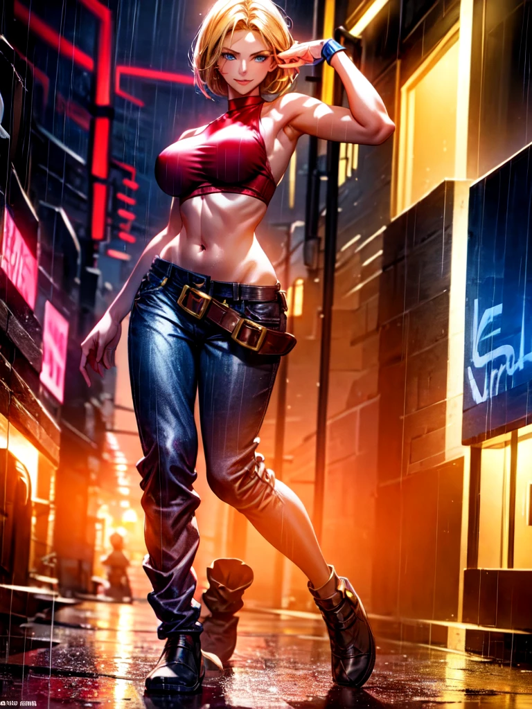 (at night), in a video game scene, a background of a beautiful city at night raining, standing at attention, red top, blue joggers, blue fingerless gloves, large brown belt hanging from her waist ((blonde hair )), 1 girl, alone, 20 years old, young woman, perfect hands, beautiful fingers, beautiful long legs, beautiful body, beautiful nose, beautiful character design, perfect face, looking at the viewer with serious gesture (focusing on her face) , closed mouth, Light_Smile, official art, extremely detailed CG unity 8k wallpaper, perfect lighting, bright and colorful front lighting, glowing skin (masterpiece: 1.0), (best_quality: 1.0), ultra high resolution, 4K, ultra photography detailed, 8K, HDR, high resolution, absurd:1.2, Kodak portra 400, film grain, blurred background, bokeh:1.2, lens flare, (vibrant_color:1.2), professional photography, (Beautiful, breasts: 1.4), ( beautiful_face: 1.5), (narrow waist),
