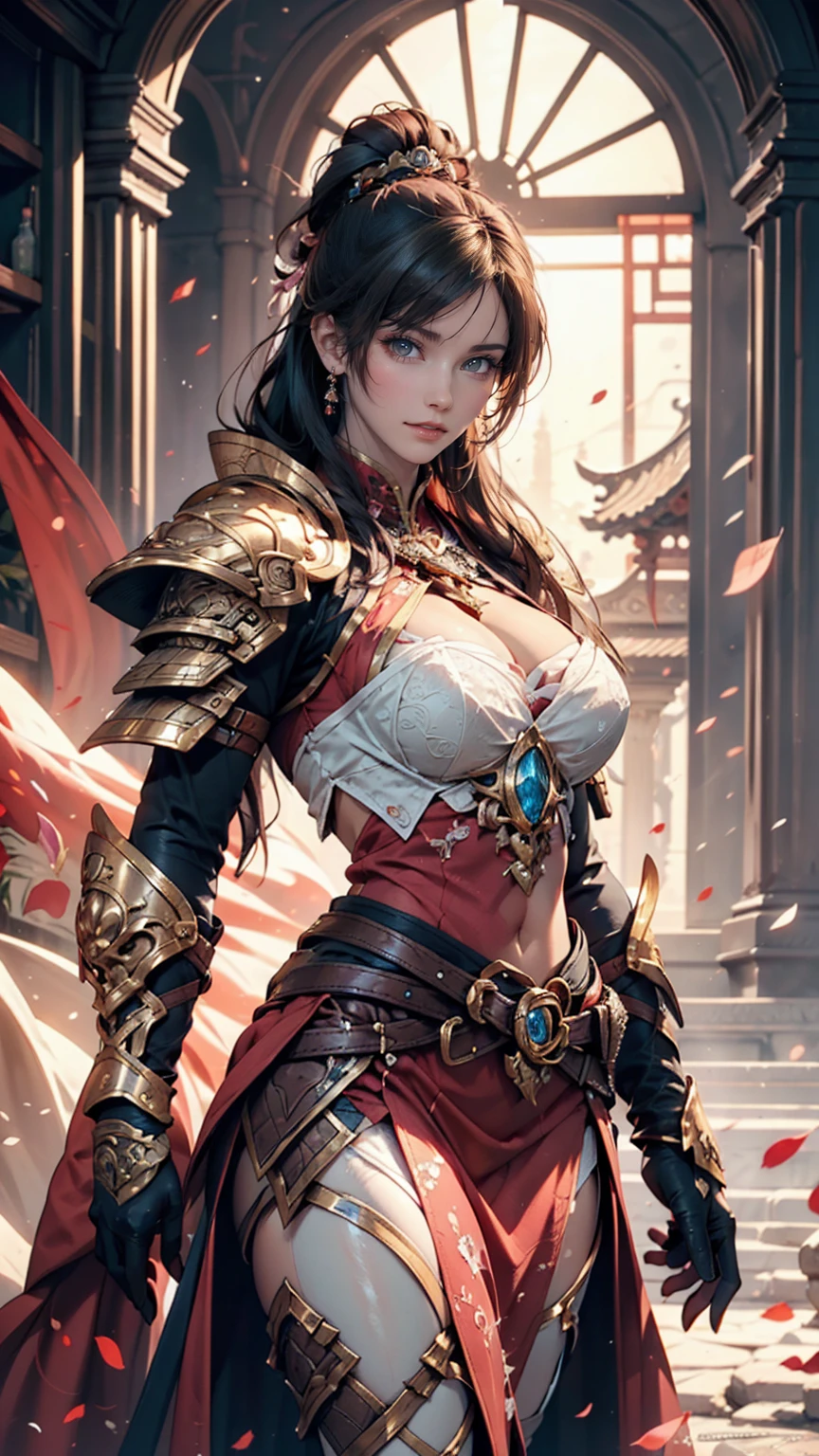 Sexy woman in white gold and pink lotus lace armor skirt, Chengwei Pan at Art Station, Jan J, Detailed fantasy art, Amazing character art, Fan Art Best Art Station, Magnificent and elaborate character art, Beautiful Armor, Highly detailed art gems, Detailed digital anime art, Art Station pixiv's artgerm, Girl in Armor, Cleavage Big Tits:1.2, (mini skirt:1,5)
