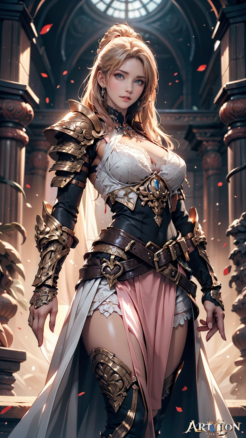 Sexy woman in white gold and pink lotus lace armor skirt, Chengwei Pan at Art Station, Jan J, Detailed fantasy art, Amazing character art, Fan Art Best Art Station, Magnificent and elaborate character art, Beautiful Armor, Highly detailed art gems, Detailed digital anime art, Art Station pixiv&#39;s artgerm, Girl in Armor, Cleavage Big Tits:1.2, (mini skirt:1,5)