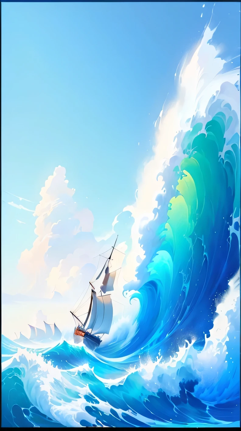 A painting depicting a sailboat sailing on huge waves and a blue sky, riding the wave, Amazing wallpapers, Breeze Background, Cyril Rolando (Cyril Rolando) of inspiration, 4k hd illustration wallpaper, fast, Desktop Wallpapers, high quality Desktop Wallpapers, Rough Seas, A beautiful artistic illustration, Stylized digital illustration, Vaporwave, Cyril Rolandor style