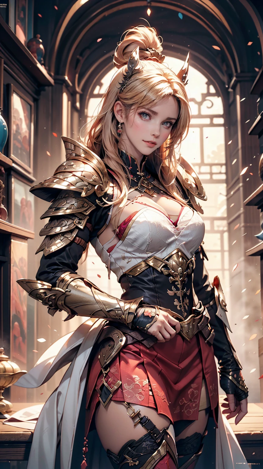 Sexy woman in white gold and pink lotus lace armor skirt, Chengwei Pan at Art Station, Jan J, Detailed fantasy art, Amazing character art, Fan Art Best Art Station, Magnificent and elaborate character art, Beautiful Armor, Highly detailed art gems, Detailed digital anime art, Art Station pixiv's artgerm, Girl in Armor, Cleavage Big Tits:1.2, (mini skirt:1,5)