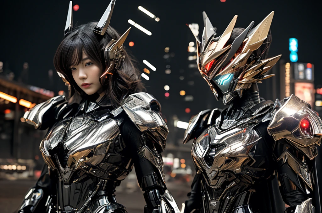 (Realistic: 1.2), masutepiece, Best Quality, Ultra-detail, very detailed illustration, Very detailed, intricate detailes, High resolution, Super Intricate Details,Heavy details,8k,32K,(neons: 1.2),1girl in, (Full metal body,Fiber optic body: 1.2), (Realistic metallic glow), cowboy lens, Caustics, Reflectors, Ray tracing, Devil theme, Silver and red body,Red body,kamen rider,Gundam,nebulas, Dark halo, Network Effects, (1 girl: 1.4), 独奏, Mechawood Sumui, Mechanical parts, Robot joints, Single robot arm, Head dress, Mechanical halo, Star Hello, Complex mechanical tights, mecha corset, kimono, fully armoured, ((Holding a large gun in your hand)),Red Eyes, Glowing eyes, Eye Track, Random expressions, Random movement, ancient japanese architecture, Ponds, Starry sky, sky line, (( Colossal tits:1.7 , low cut,Accentuated cleavage,perfectly proportions,Sensual female body,Overhanging udder)),City,nighttime scene,natta,glowing sword in hand、With a big gun,cloaks