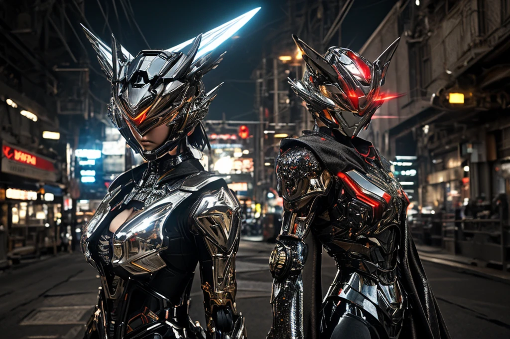 (Realistic: 1.2), masutepiece, Best Quality, Ultra-detail, very detailed illustration, Very detailed, intricate detailes, High resolution, Super Intricate Details,Heavy details,8k,32K,(neons: 1.2),1girl in, (Full metal body,Fiber optic body: 1.2), (Realistic metallic glow), cowboy lens, Caustics, Reflectors, Ray tracing, Devil theme, Silver and red body,Red body,kamen rider,Gundam,nebulas, Dark halo, Network Effects, (1 girl: 1.4), 独奏, Mechawood Sumui, Mechanical parts, Robot joints, Single robot arm, Head dress, Mechanical halo, Star Hello, Complex mechanical tights, mecha corset, kimono, fully armoured, ((Holding a large gun in your hand)),Red Eyes, Glowing eyes, Eye Track, Random expressions, Random movement, ancient japanese architecture, Ponds, Starry sky, sky line, (( Colossal tits:1.7 , low cut,Accentuated cleavage,perfectly proportions,Sensual female body,Overhanging udder)),City,nighttime scene,natta,glowing sword in hand、With a big gun,cloaks