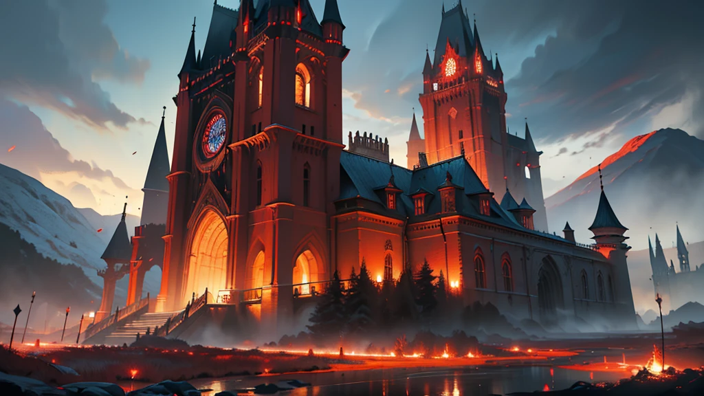 huge, impressive castle, breathtaking dark red-black theme, swirling mists, beautiful and most intricate details, ( ,8k,high,masterpiece:1.2),ultra-detailed,realistic,photorealistic,photorealistic:1.37,filmic composition,dramatic lighting,brilliant colors, bright colors, depth of field, digital painting, concept