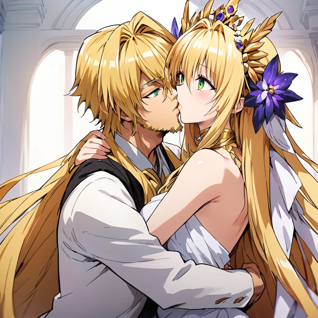 ((Highest quality)), ((masterpiece)), (detailed), (Perfect Face)、Woman is a goddess named Hera wearing a white ancient Greek Doric chiton々Hera, the wife of Zeus, the king of the gods, and the goddess of marriage, was a deeply loving couple.、The woman is the goddess Hera, the queen of the one and only god Zeus. She has green eyes, blonde medium-long hair, is wearing a white ancient Greek Doric chiton, an engagement ring, and luxurious accessories. She is an elegant goddess, the graceful and beautiful queen of the gods.、The woman, as the goddess Hera, loved Zeus, happily embracing him and kissing him deeply, and devoting herself to him as his wife.、The dignified, bearded, elderly god Zeus is wearing a white ancient Greek Doric chiton and kissing and embracing the woman Hera in love