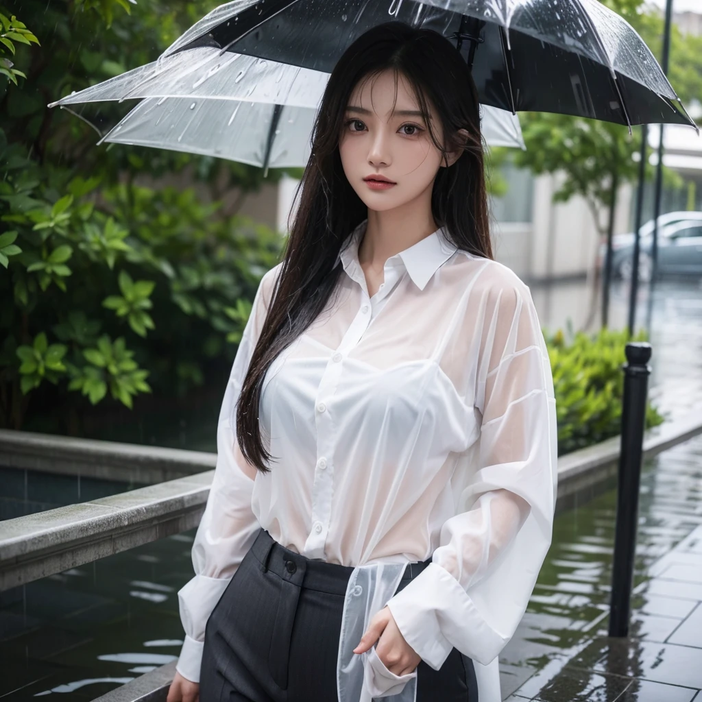 Hair getting wet in the rain、Transparent shirt、Beautiful woman getting wet in the rain、typhoon、Get wet without an umbrella、Beautiful woman in the rain、雨で濡れたBeautyOL、Detailed face、Realistic、beautiful girl、Beauty、Office Lady Uniform、beauty、Beautiful woman、Narrow waist、Handsome woman、Tight pants look、suit、Sexy pose、タイトなsuitパンツ、雨で濡れたsuit、Wet shirt、See-through shirt、Shot in heavy rain、See-through underwear