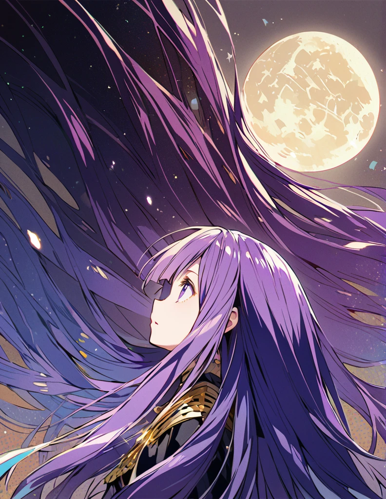 Profile of a brave purple-haired princess girl with long hair, exposed Screentone processing Looking up at the moon Shaded painting style