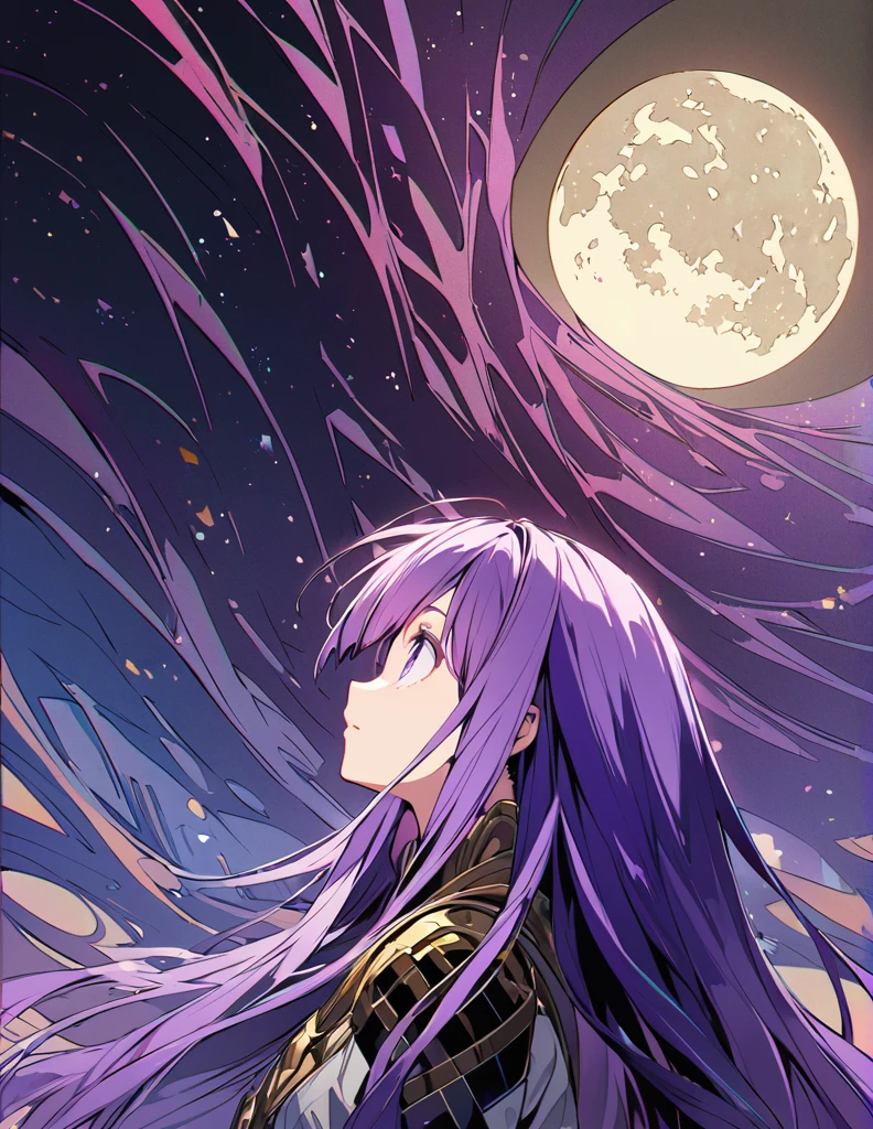 Profile of a brave purple-haired princess girl with long hair, exposed Screentone processing Looking up at the moon Shaded painting style