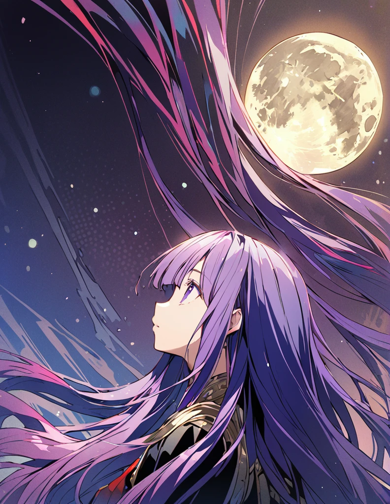 Profile of a brave purple-haired princess girl with long hair, exposed Screentone processing Looking up at the moon Shaded painting style