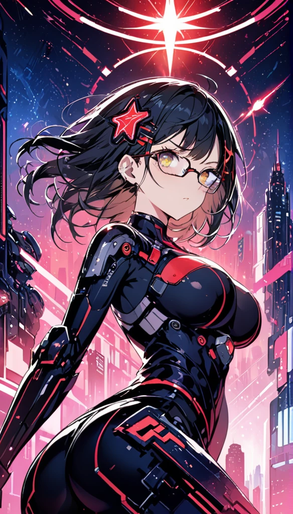 highest quality ,masterpiece, shape, Very delicate and beautiful, Very detailed ,CG ,Unity ,8k wallpaper, wonderful, finely, masterpiece,highest quality,Official Art,Very detailed CG Unity 8k wallpaper,Confused, incredibly Confused, Very detailed, High resolution, Very detailed,Beautiful detailed girl,The light shines on your face, 1 girl, red and black Mecha, armor black, Mechanical_body, Black Hair, Spaceship, city, cyber punk, red star, serious eyes, big tits, glasses, big ass, sexy